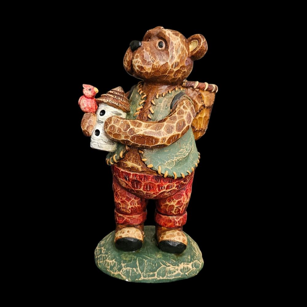 Folk Art Bear Chicken Basket Tealight Candle Holder Figurine Country Rustic